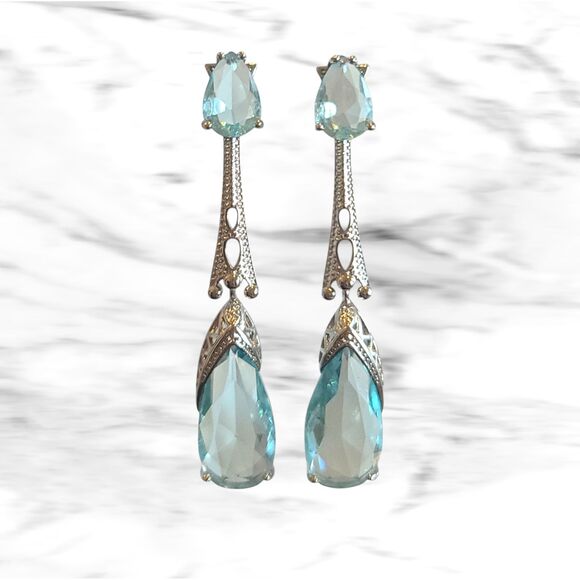 European Style Sky Blue Topaz Silver Woman Dangle Drop Earrings Wedding - Picture 1 of 7